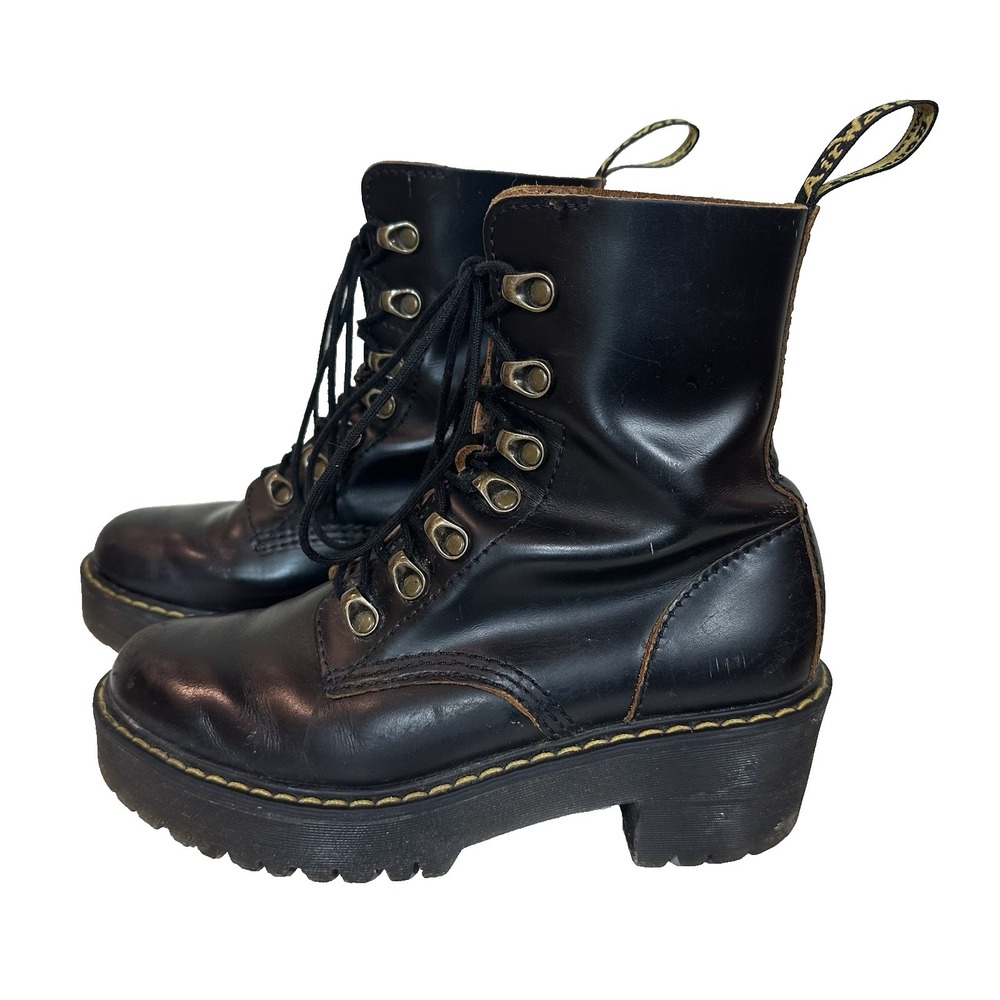 Doc Martens Womens Leona Combat Boots Black Platform Smooth Size 6